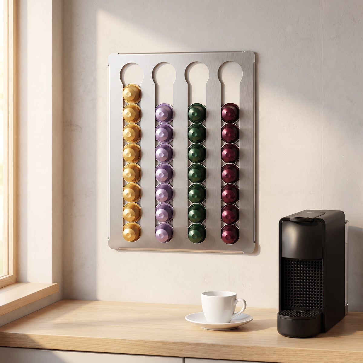 Porta cápsulas de pared Nespresso con 32 cápsulas en una cocina