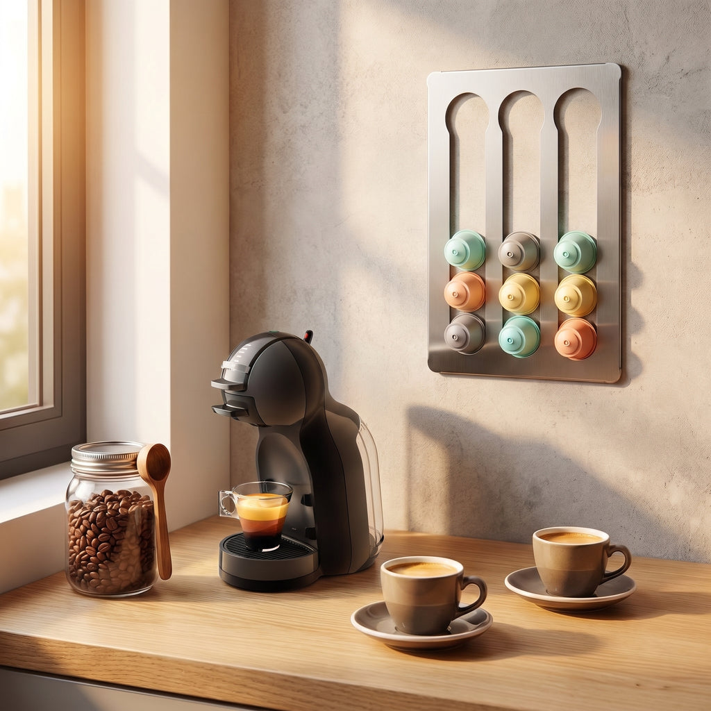 Rincón del café: porta cápsulas Dolce Gusto de pared con cafetera y tazas