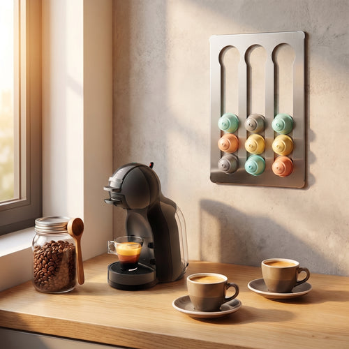Rincón del café: porta cápsulas Dolce Gusto de pared con cafetera y tazas